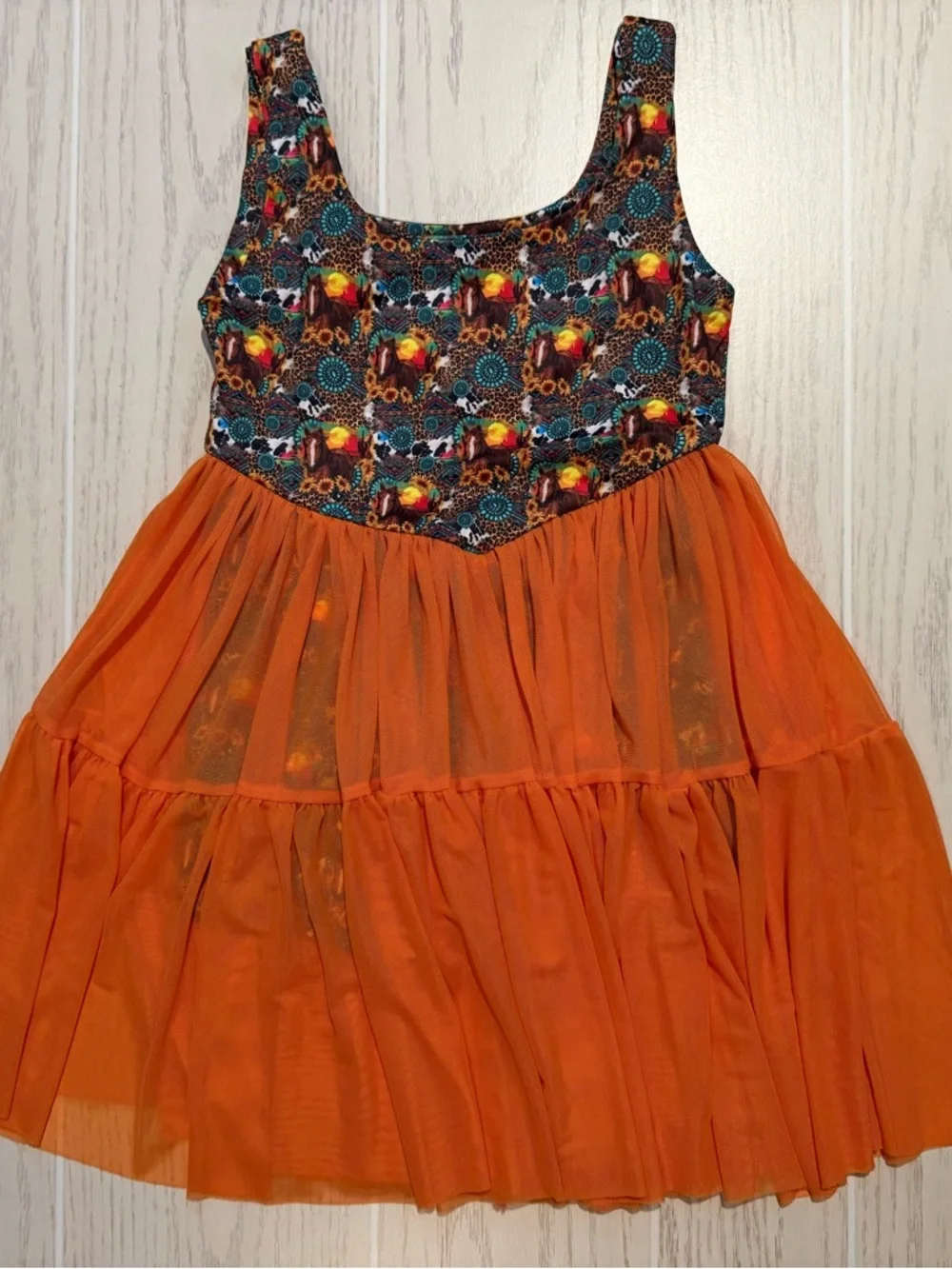 Boutique‎ Girls 6-7T Western Horse Sunflower Mesh Dress Built In Shorts NWOT